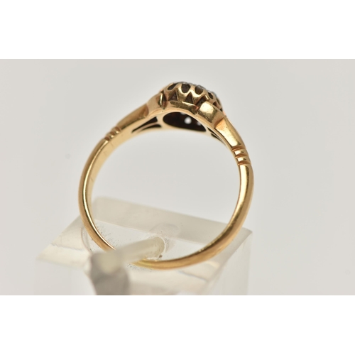 26 - A YELLOW METAL DIAMOND CLUSTER RING, small circular cluster of single cut diamonds, within an openwo... 