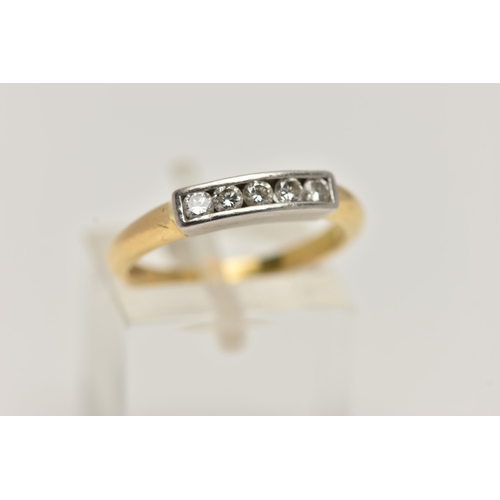 27 - AN 18CT GOLD FIVE STONE DIAMOND RING, five channel set, round brilliant cut diamonds, estimated tota... 