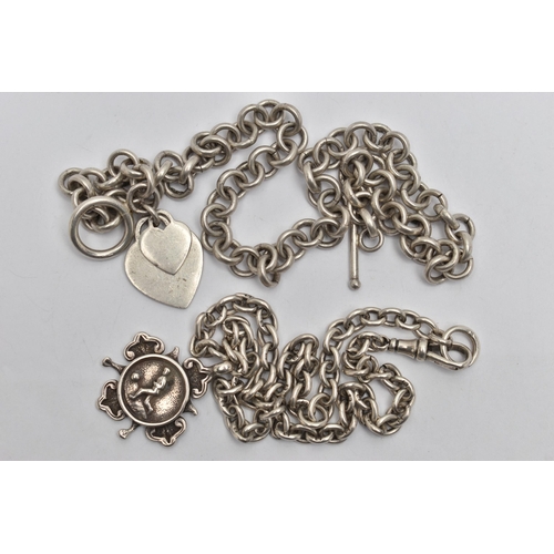 34 - A SILVER ALBERT CHAIN WITH FOB AND A WHITE METAL CHAIN NECKLACE, the curb link Albert chain, each li... 