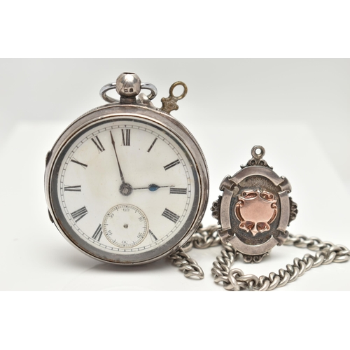 35 - A SILVER OPEN FACE POCKET WATCH, ALBERT CHAIN AND FOB, key wound pocket watch, round white dial, Rom... 