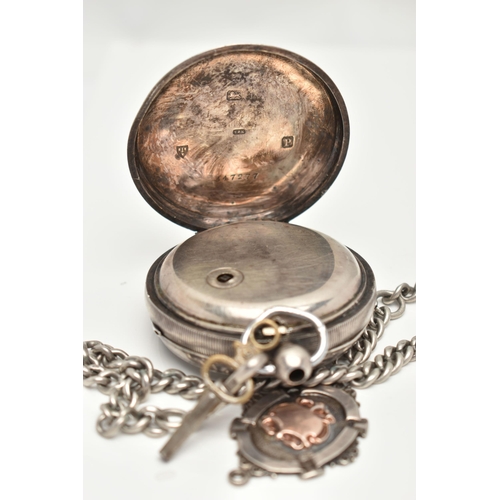 35 - A SILVER OPEN FACE POCKET WATCH, ALBERT CHAIN AND FOB, key wound pocket watch, round white dial, Rom... 