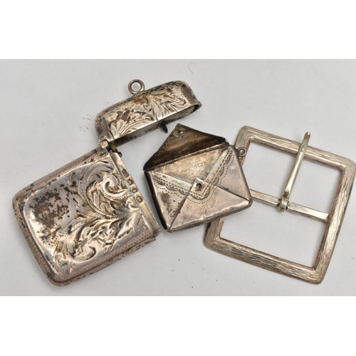 36 - A SILVER VESTA CASE, STAMP HOLDER AND A BELT BUCKLE, the rounded rectangular vesta case, decorated w... 