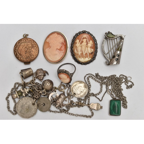 37 - A BAG OF WHITE METAL JEWELLERY, to include a silver hardstone harp brooch, hallmarked rubbed, a whit... 