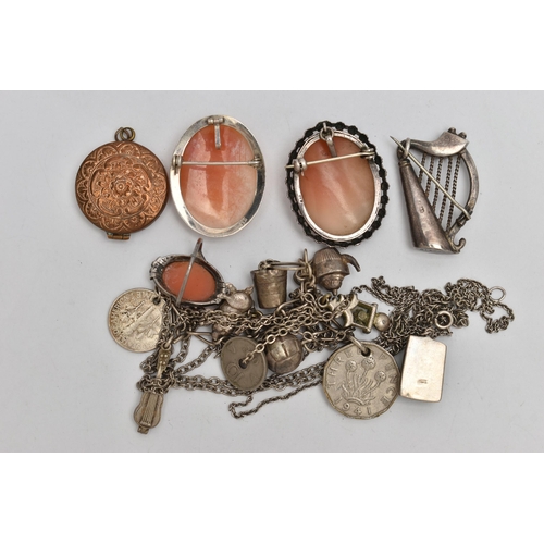 37 - A BAG OF WHITE METAL JEWELLERY, to include a silver hardstone harp brooch, hallmarked rubbed, a whit... 