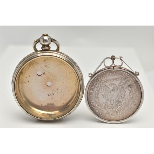 39 - AN OPEN FACE POCKET WATCH CASE AND A MOUNTED COMMEMORATIVE COIN, white metal key wound pocket watch ... 