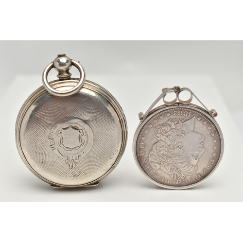 39 - AN OPEN FACE POCKET WATCH CASE AND A MOUNTED COMMEMORATIVE COIN, white metal key wound pocket watch ... 