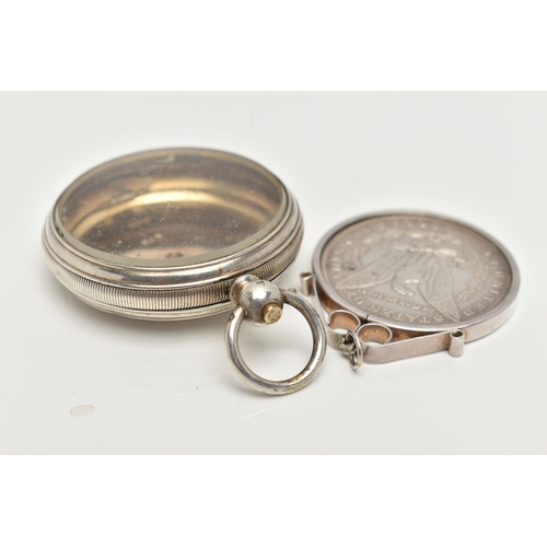 39 - AN OPEN FACE POCKET WATCH CASE AND A MOUNTED COMMEMORATIVE COIN, white metal key wound pocket watch ... 