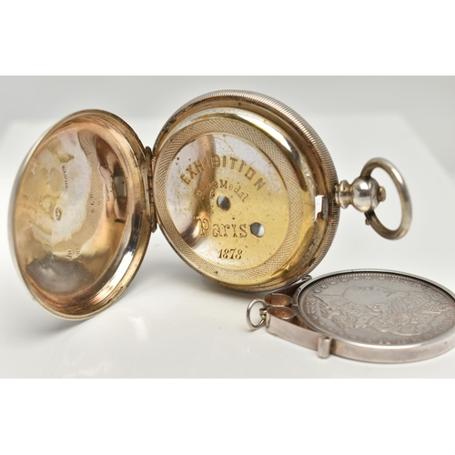 39 - AN OPEN FACE POCKET WATCH CASE AND A MOUNTED COMMEMORATIVE COIN, white metal key wound pocket watch ... 