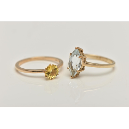 4 - TWO 9CT GOLD GEM SET RINGS, the first claw set with a marquise shape aquamarine, ring size M 1/2, th... 