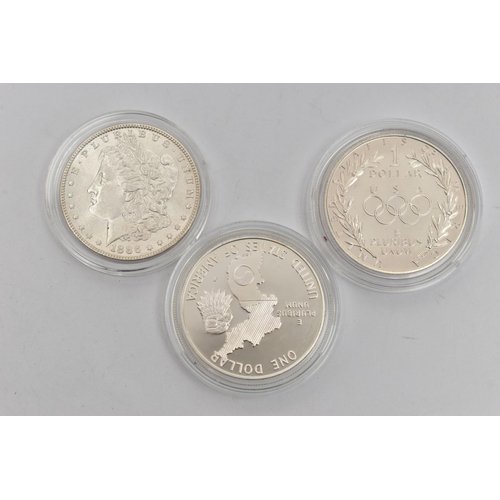 40 - THREE UNITED STATES SILVER ONE DOLLAR COINS, to include Olympiad Liberty 1988, Thirty Eighth Anniver... 