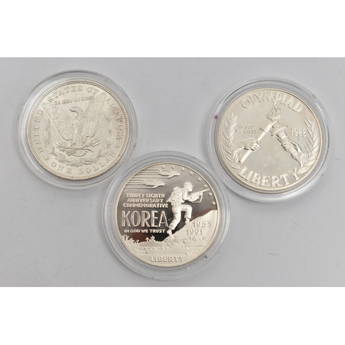 40 - THREE UNITED STATES SILVER ONE DOLLAR COINS, to include Olympiad Liberty 1988, Thirty Eighth Anniver... 