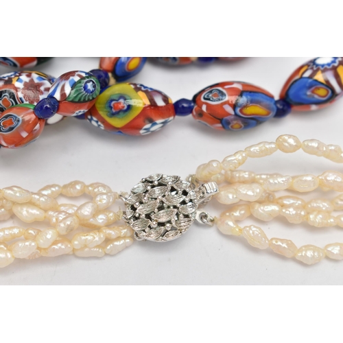 41 - A CULTURED PEARL NECKLACE AND A MILLEFIORI BEAD NECKLACE, six strands of baroque pearls, fitted with... 