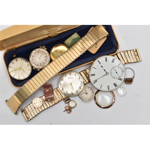 44 - ASSORTED WATCH PARTS, to include two stretch link watch bracelets, a pocket watch movement, two Bent... 