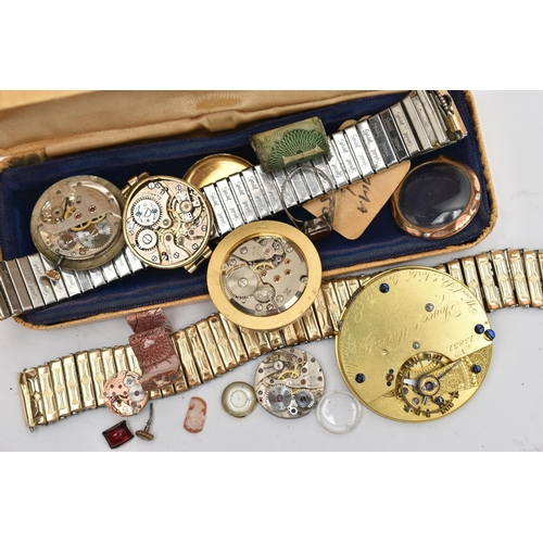 44 - ASSORTED WATCH PARTS, to include two stretch link watch bracelets, a pocket watch movement, two Bent... 