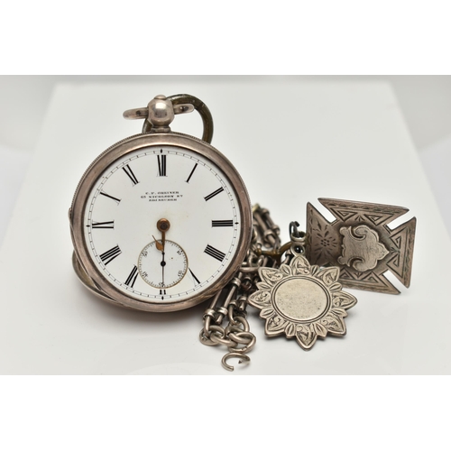 45 - A SILVER OPEN FACE POCKET WATCH AND ALBERT CHAIN, key wound, missing glass front, white dial signed ... 