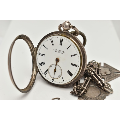 45 - A SILVER OPEN FACE POCKET WATCH AND ALBERT CHAIN, key wound, missing glass front, white dial signed ... 