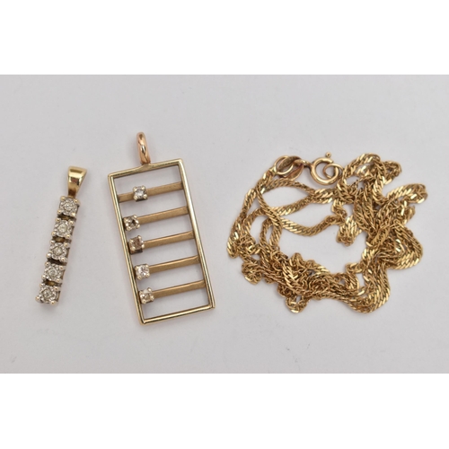 48 - TWO DIAMOND PENDANTS AND A 9CT GOLD CHAIN, the first an abacus style pendant, set with five kinetic ... 