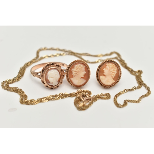 50 - A 9CT GOLD CAMEO RING, A 9CT GOLD CHAIN NECKLACE AND CAMEO EARRINGS, a shell cameo ring, set in a ro... 