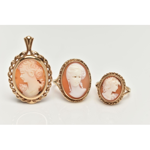 51 - A 9CT GOLD CAMEO PENDANT AND TWO 9CT GOLD CAMEO RINGS, the first a shell cameo set in a yellow gold ... 