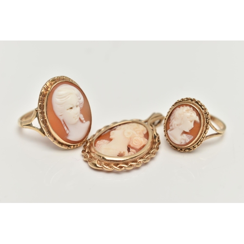 51 - A 9CT GOLD CAMEO PENDANT AND TWO 9CT GOLD CAMEO RINGS, the first a shell cameo set in a yellow gold ... 