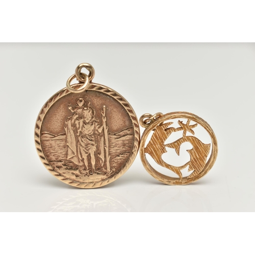 52 - A 9CT GOLD ST CHRISTOPHER PENDANT AND ZODIAC CHARM, yellow gold circular disk pendant with textured ... 