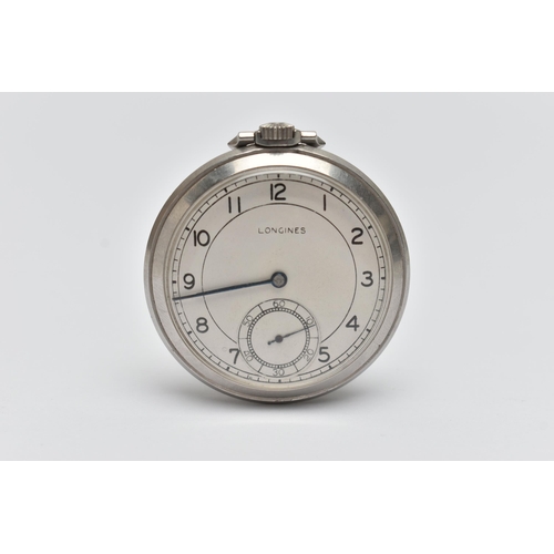 56 - A 'LONGINES' OPEN FACE POCKET WATCH, manual wind, round silver dial signed 'Longines', Arabic numera... 