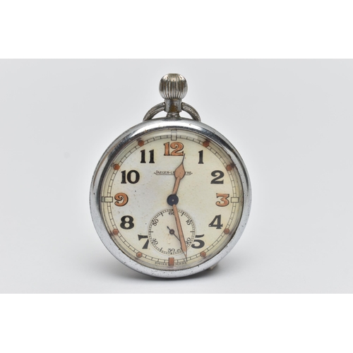 57 - A MILITARY ISSUE 'JAEGER-LECOULTRE' OPEN FACE POCKET WATCH, manual wind, round discoloured white dia... 