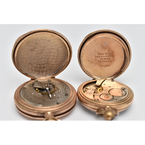 59 - TWO GOLD PLATED POCKET WATCHES, the first a manual wind full hunter Elgin pocket watch, round white ... 