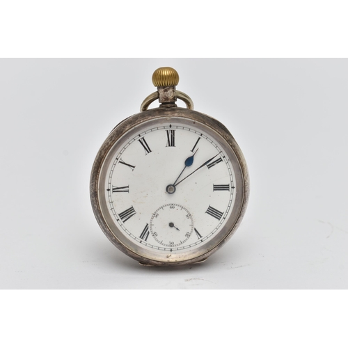 62 - AN OPEN FACE POCKET WATCH, manual wind, round white dial, Roman numerals, subsidiary seconds dial at... 