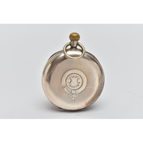 62 - AN OPEN FACE POCKET WATCH, manual wind, round white dial, Roman numerals, subsidiary seconds dial at... 