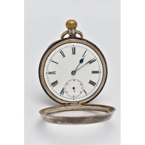 62 - AN OPEN FACE POCKET WATCH, manual wind, round white dial, Roman numerals, subsidiary seconds dial at... 