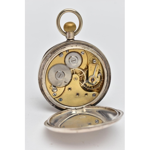 62 - AN OPEN FACE POCKET WATCH, manual wind, round white dial, Roman numerals, subsidiary seconds dial at... 