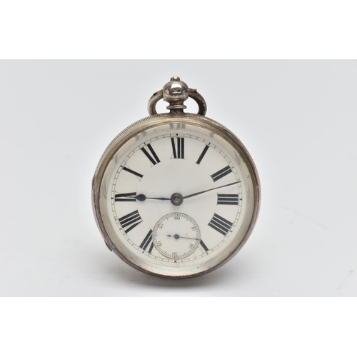 64 - A LATE VICTORIAN SILVER OPEN FACE POCKET WATCH, key wound, round white dial, Roman numerals, subsidi... 