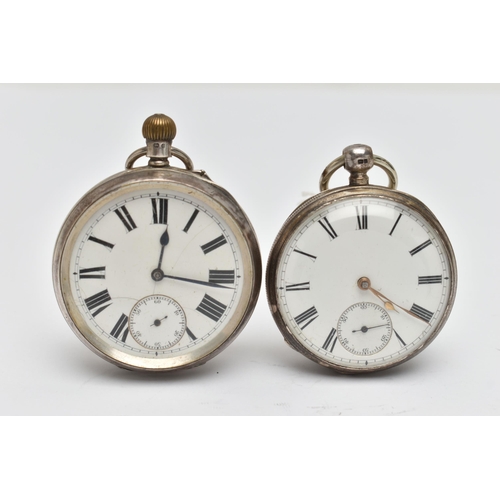 66 - TWO SILVER OPEN FACE POCKET WATCHES, the first a manual wind late Victorian watch, in a polished cas... 