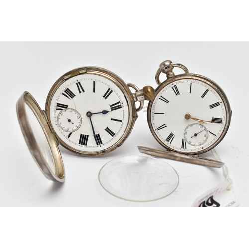 66 - TWO SILVER OPEN FACE POCKET WATCHES, the first a manual wind late Victorian watch, in a polished cas... 
