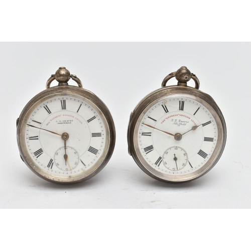 67 - TWO SILVER 'THE EXPRESS ENGLISH LEVER' OPEN FACE POCKET WATCHES, both key wound, white dials each si... 