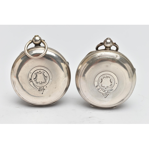 67 - TWO SILVER 'THE EXPRESS ENGLISH LEVER' OPEN FACE POCKET WATCHES, both key wound, white dials each si... 