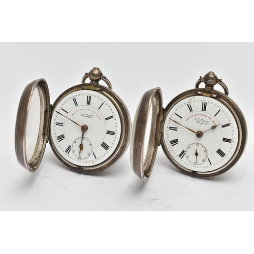 67 - TWO SILVER 'THE EXPRESS ENGLISH LEVER' OPEN FACE POCKET WATCHES, both key wound, white dials each si... 