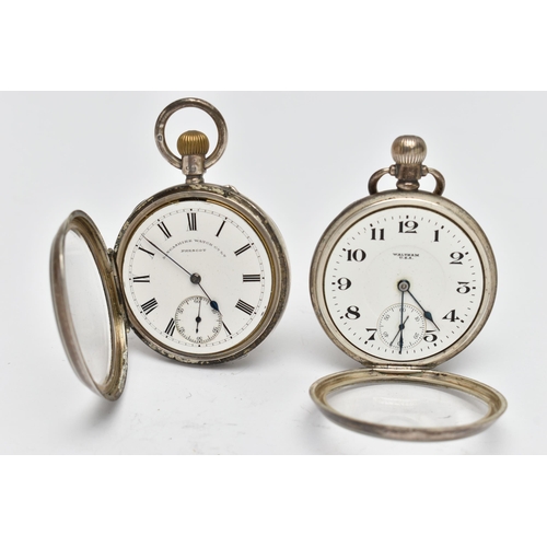 68 - TWO SILVER OPEN FACE POCKET WATCHES, the first a manual wind 'Waltham U.S.A', watch, round white dia... 