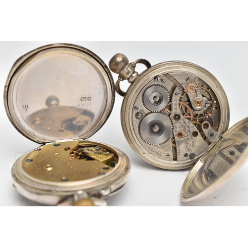 68 - TWO SILVER OPEN FACE POCKET WATCHES, the first a manual wind 'Waltham U.S.A', watch, round white dia... 
