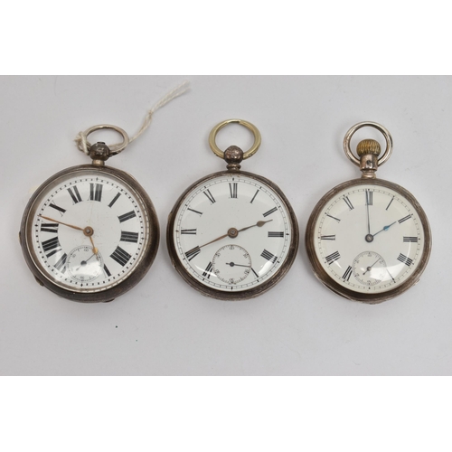 69 - THREE SILVER OPEN FACE POCKET WATCHES, one manual wind, hallmarked 'Waltham Watch Co' Chester 1876, ... 