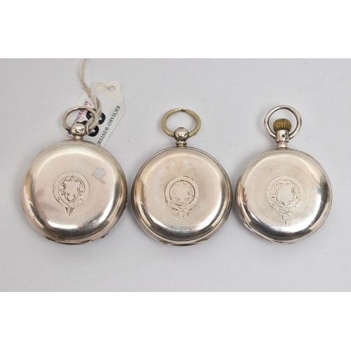 69 - THREE SILVER OPEN FACE POCKET WATCHES, one manual wind, hallmarked 'Waltham Watch Co' Chester 1876, ... 