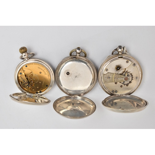 69 - THREE SILVER OPEN FACE POCKET WATCHES, one manual wind, hallmarked 'Waltham Watch Co' Chester 1876, ... 