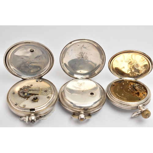 69 - THREE SILVER OPEN FACE POCKET WATCHES, one manual wind, hallmarked 'Waltham Watch Co' Chester 1876, ... 