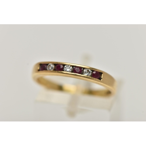 7 - AN 18CT GOLD RUBY AND DIAMOND SEVEN STONE RING, designed as four circular rubies interspaced by thre... 