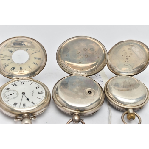 71 - THREE POCKET WATCHES, to include a silver half hunter, manual wind pocket watch, hallmarked 'Aaron L... 