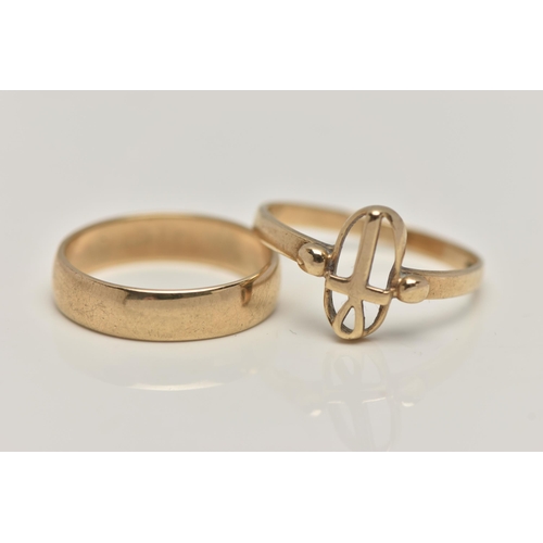 75 - TWO 9CT GOLD RINGS, the first a polished band ring, approximate band width 4.3mm, hallmarked 9ct Bir... 