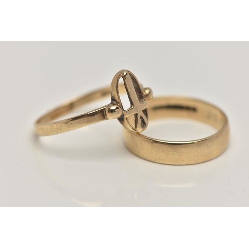 75 - TWO 9CT GOLD RINGS, the first a polished band ring, approximate band width 4.3mm, hallmarked 9ct Bir... 