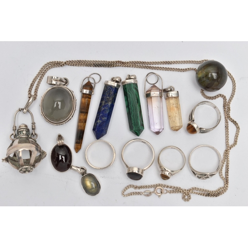 76 - A BAG OF ASSORTED SEMI-PRECIOUS GEMSTONE JEWELLERY, to include a silver tiger eye cabochon ring hall... 