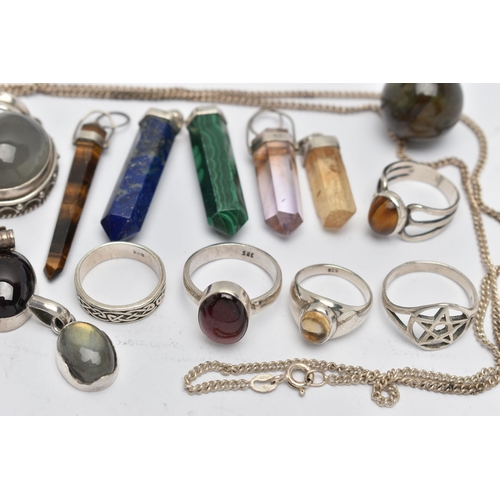 76 - A BAG OF ASSORTED SEMI-PRECIOUS GEMSTONE JEWELLERY, to include a silver tiger eye cabochon ring hall... 